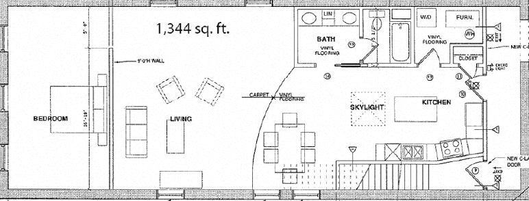 Floor plan for 1 bed, 1 bath, 1344 sqft